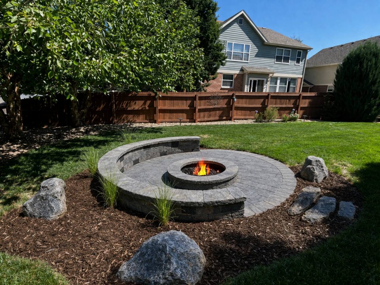 Landscape design after — fire pit and paver surround