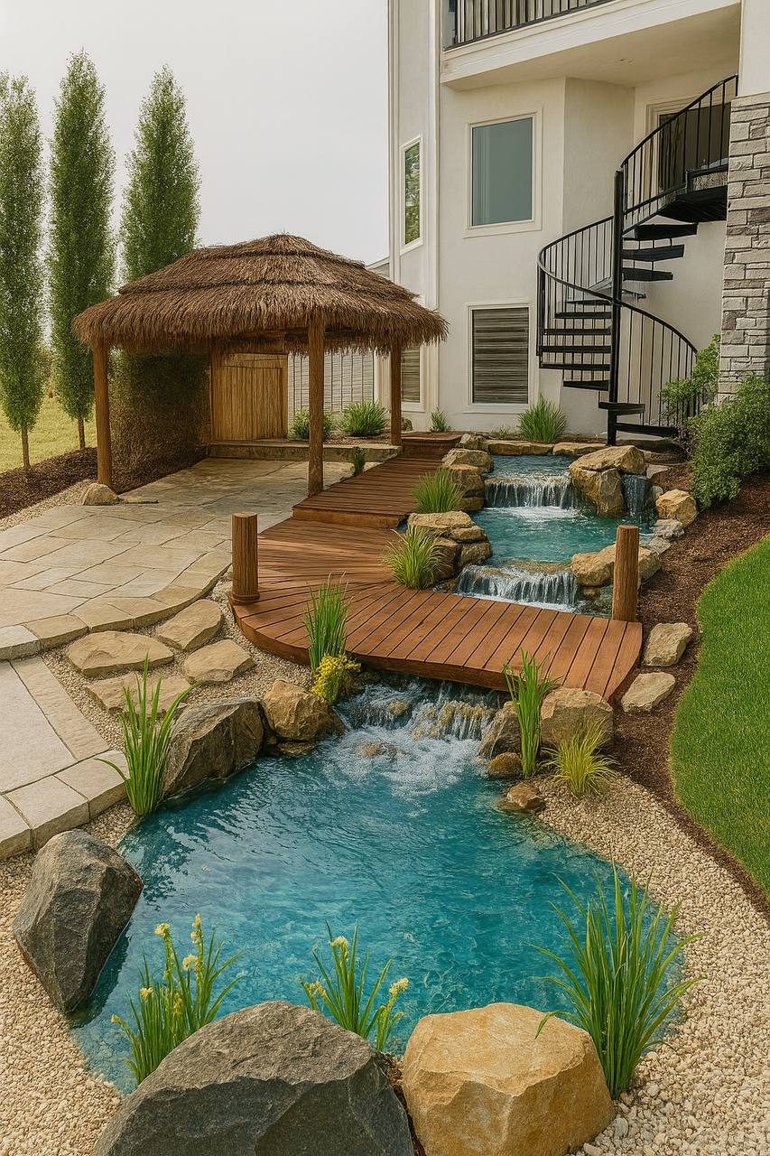 Custom landscape design with water feature, wooden bridge and tiki hut in Colorado